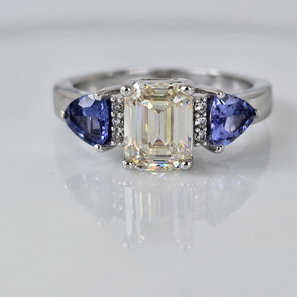 Genuine Strontium Titanate & Tanzanite Ring Rhodium Sterling Silver Size 7